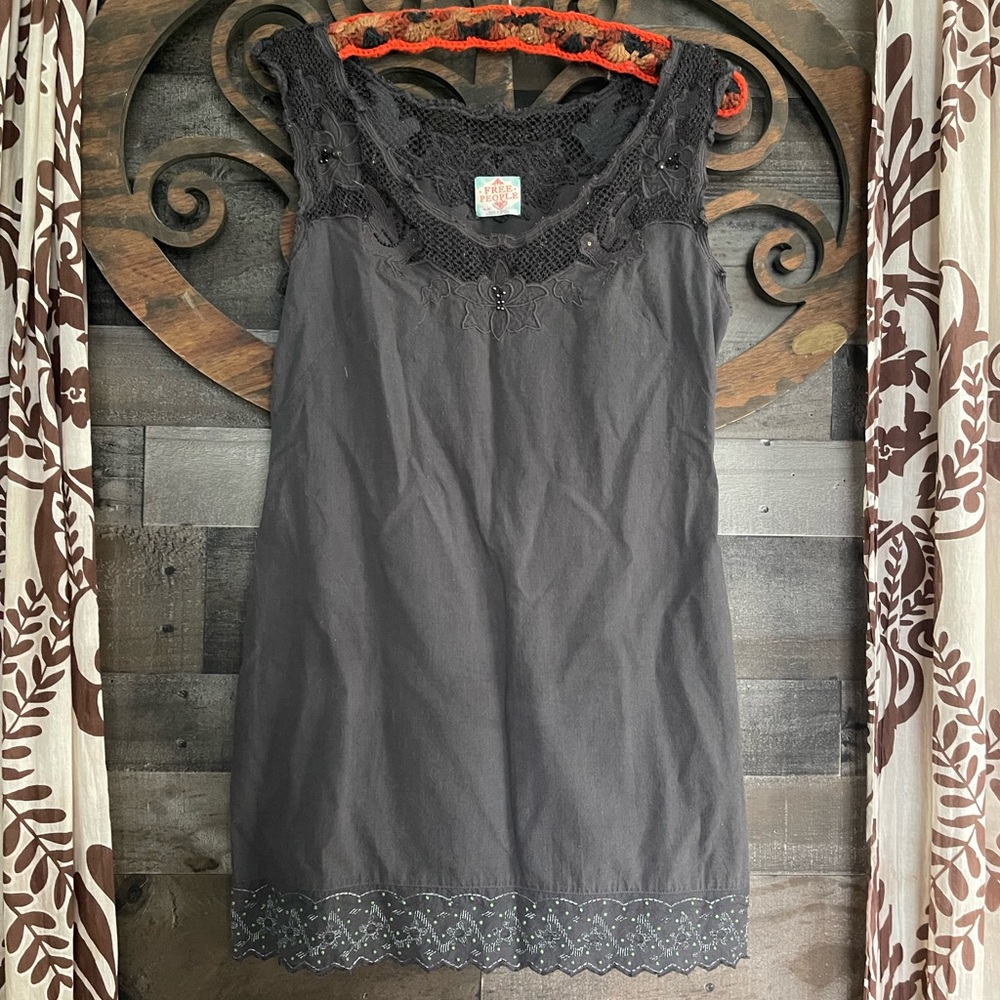 Shift Dress Mini Dark Gray Lace Beaded Lace Trim Goth Sleeveless